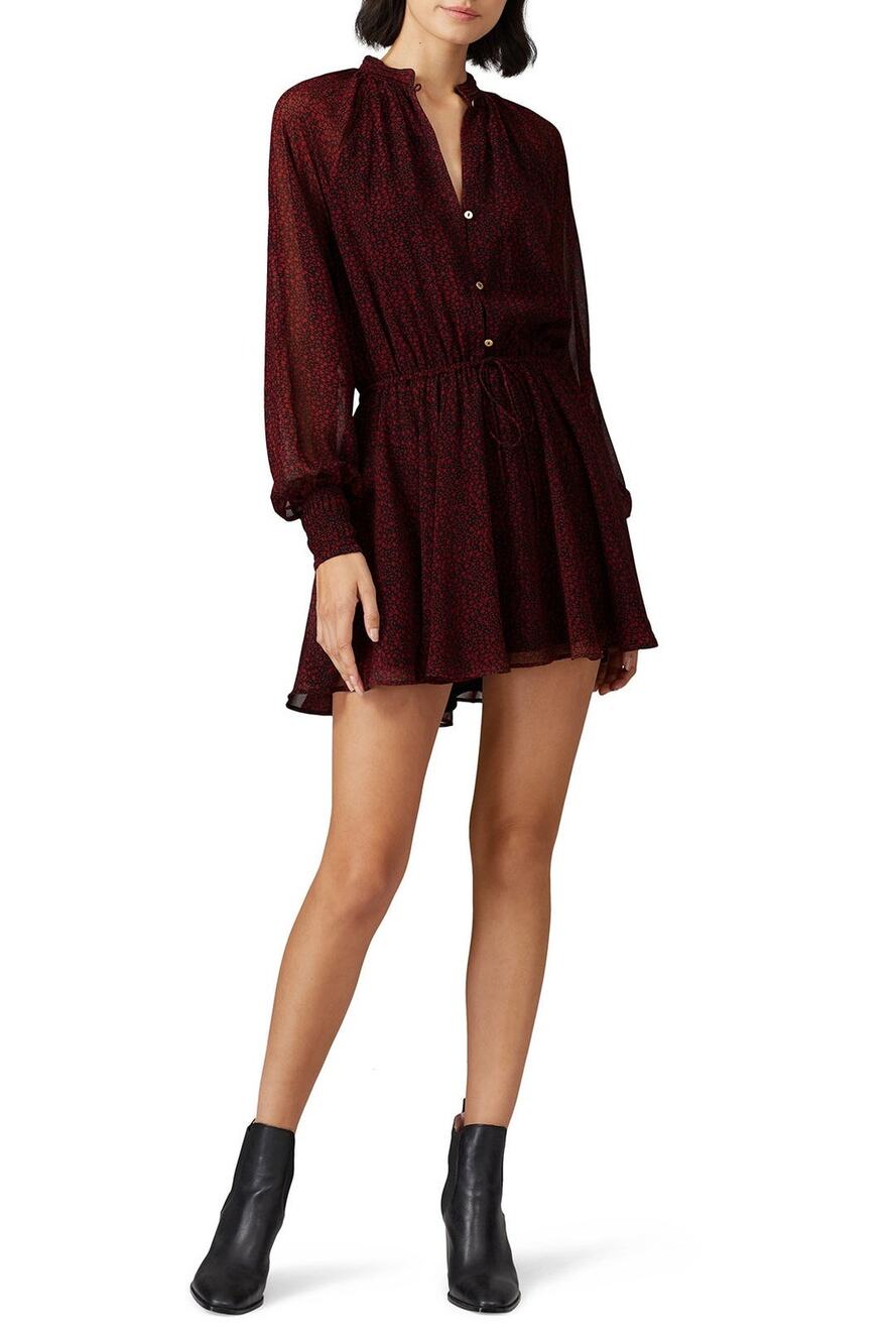 CLEOBELLA Red Long Sheer Sleeves Front Button Down Kelly Mini Dress sz XS